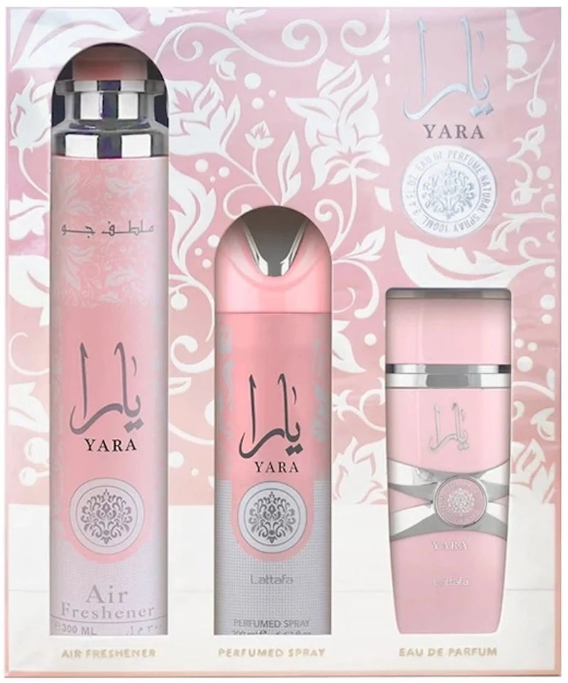 Coffret Yara Femme – Eau de Parfum 100 ml + Déodorant 200 ml + Désodorisant d’Intérieur 300 ml