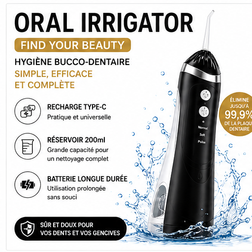 Oral Irrigator Pro – Hydropulseur Dentaire Sans Fil USB-C 200 ml