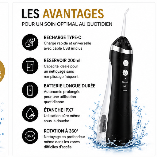 Oral Irrigator Pro – Hydropulseur Dentaire Sans Fil USB-C 200 ml