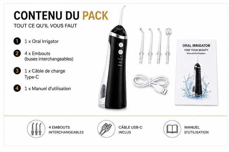 Oral Irrigator Pro – Hydropulseur Dentaire Sans Fil USB-C 200 ml