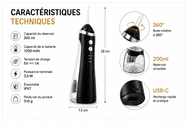 Oral Irrigator Pro – Hydropulseur Dentaire Sans Fil USB-C 200 ml