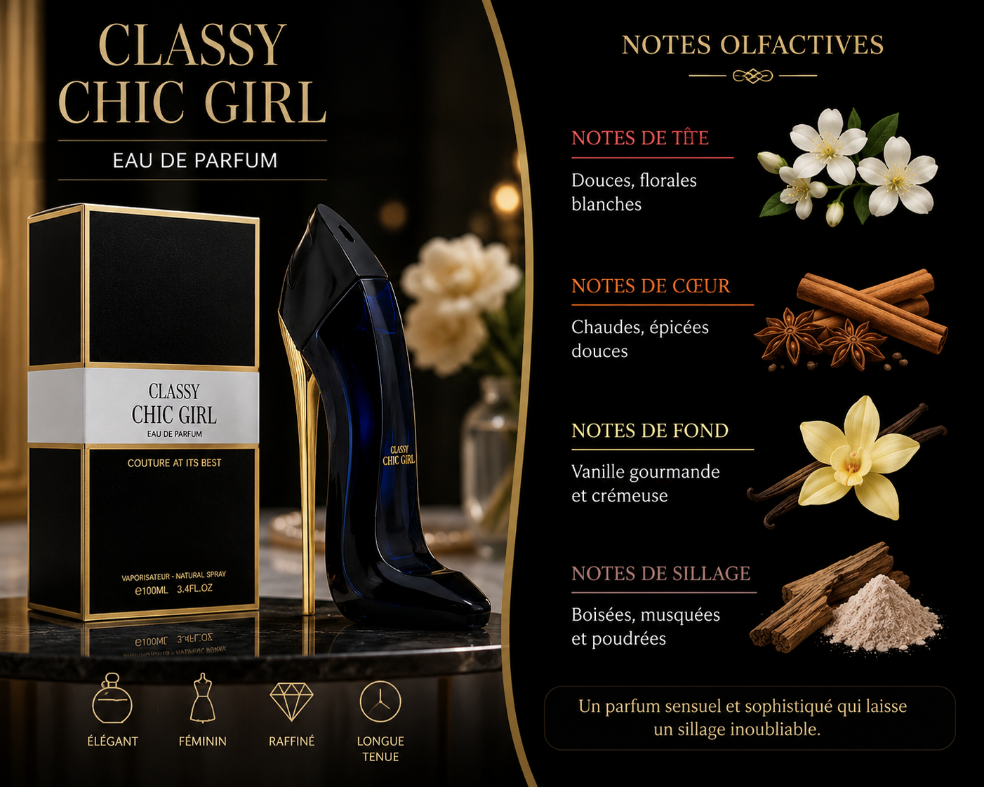 Classy Chic Girl Eau de Parfum Femme 100 ml – Fragrance World – Inspiré de Good Girl de Carolina Herrera
