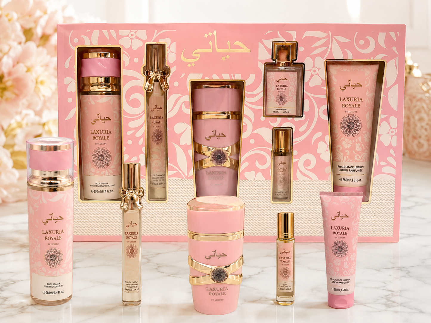 Coffret Yara Luxury 6 Pieces Parfum 100 ml Brume 250 ml Creme 250 ml Musc 10 ml Miniature 30 ml Tube 35 ml